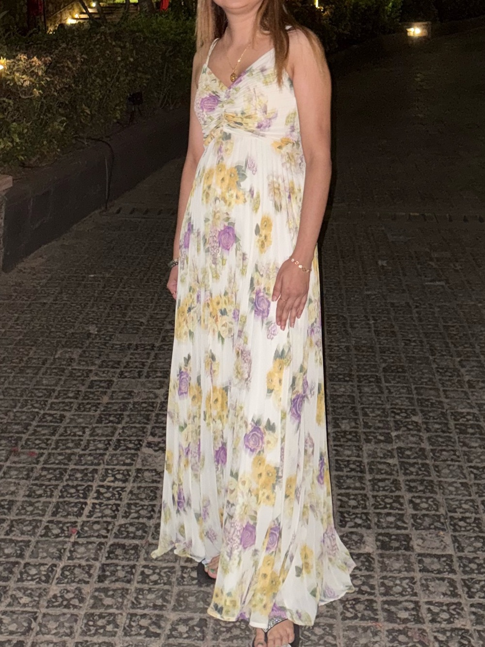 Express White Floral Maxi Dress with Yellow & Purple Blooms